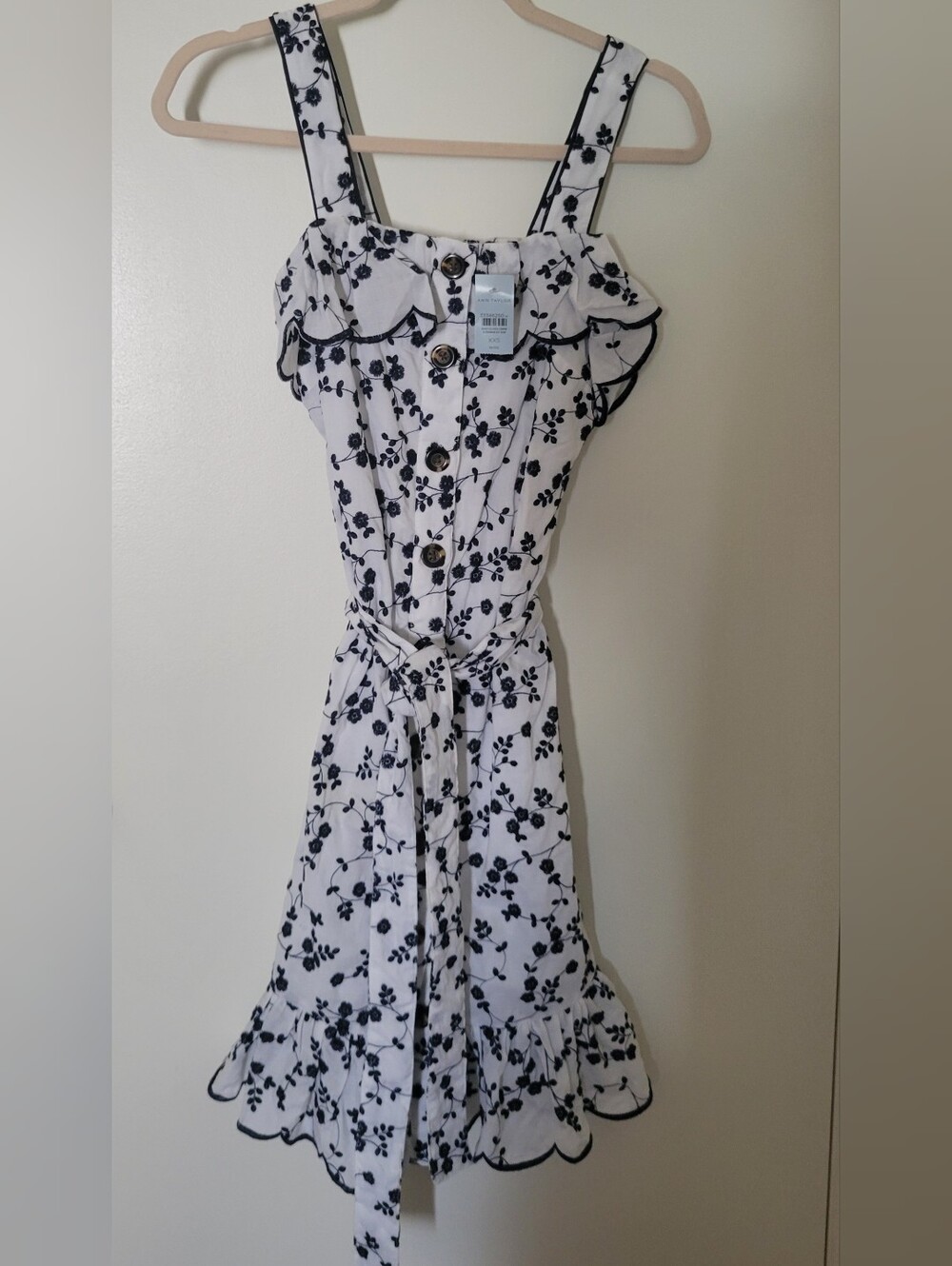 Ann Taylor White Dress with Black Floral Print and Ruffle Trim